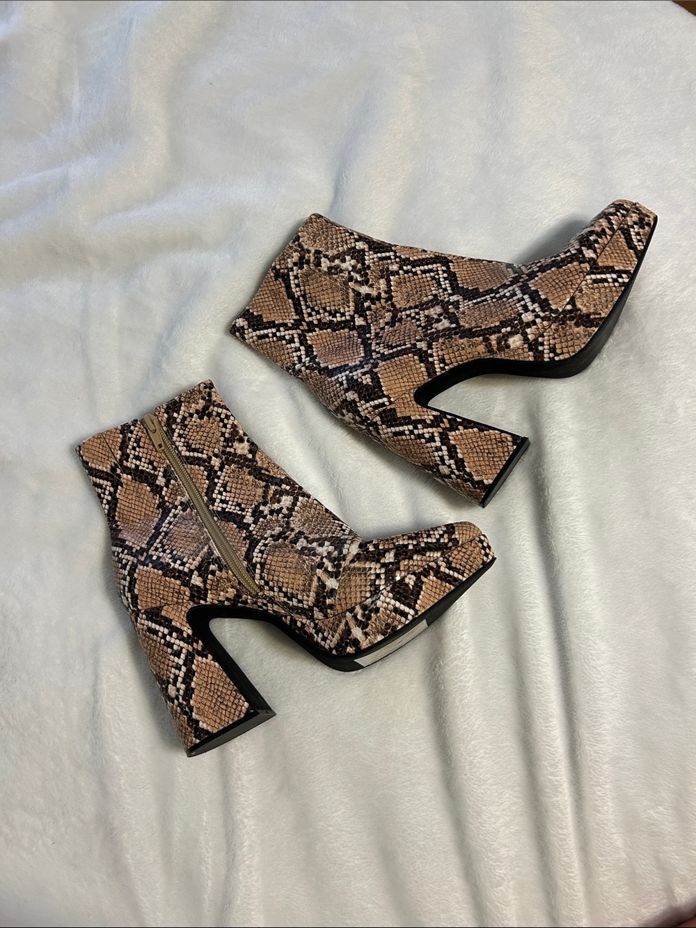 Snake Print High Heel Ankle Boots - Brown